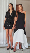 Sorrel One Shoulder Gown in Black White with Ruby Blazer Dress CAMPAIGN