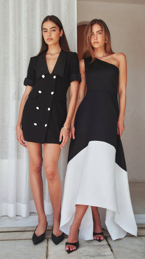 Sorrel One Shoulder Gown in Black White with Ruby Blazer Dress CAMPAIGN
