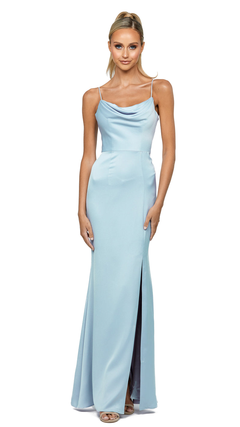 Stephanie Cowl Satin Gown in Sky