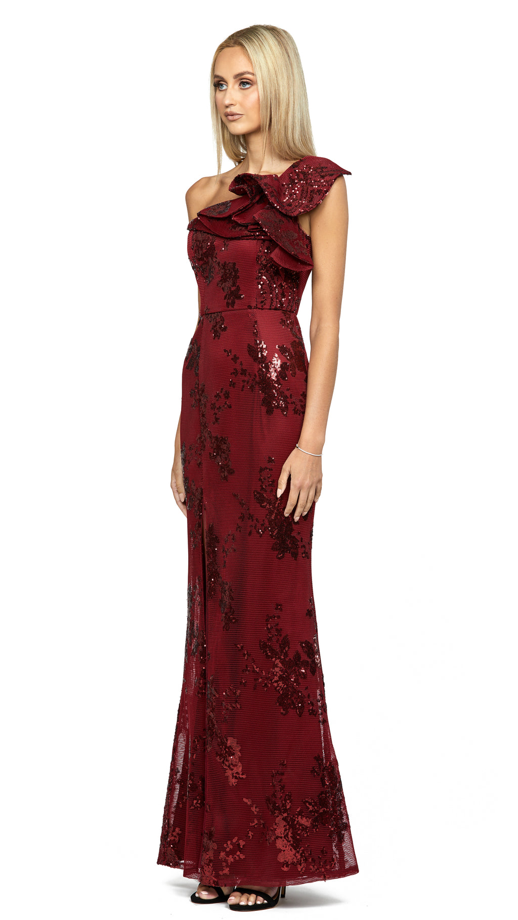 Jessie One Shoulder Gown in Burgundy - SIDE