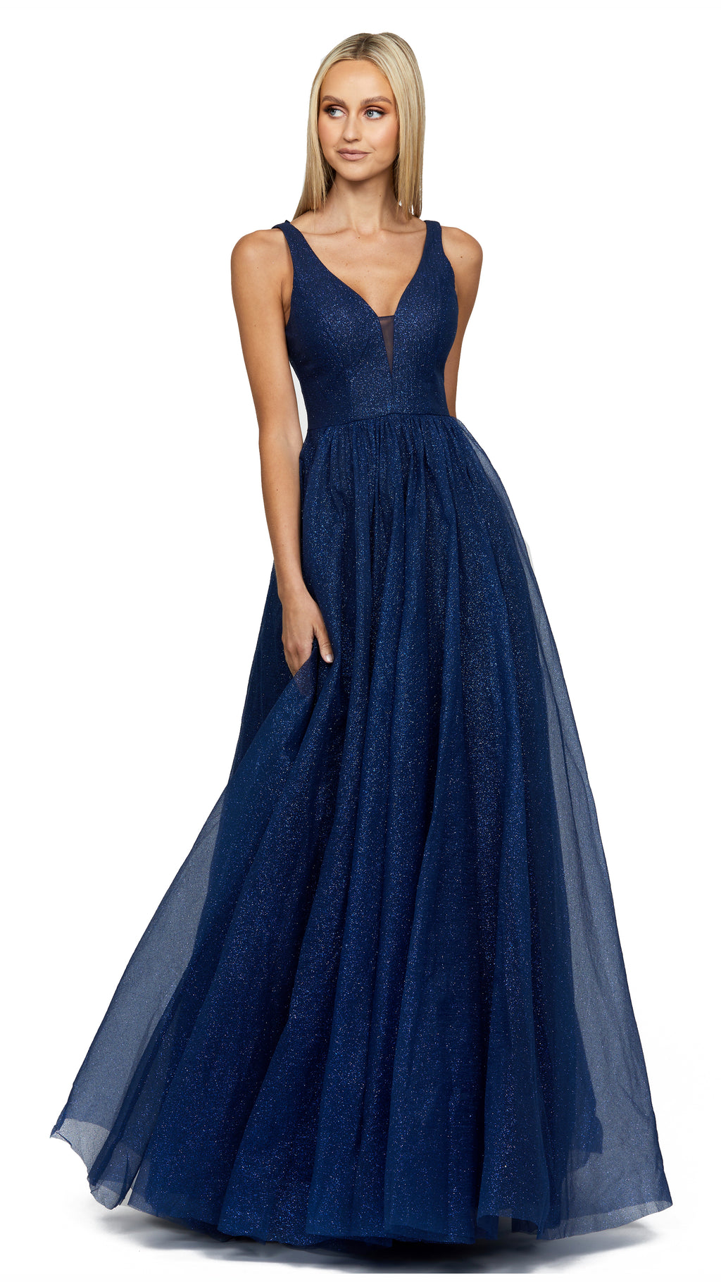 Jordan Plunge Neck Ball Gown in Navy 