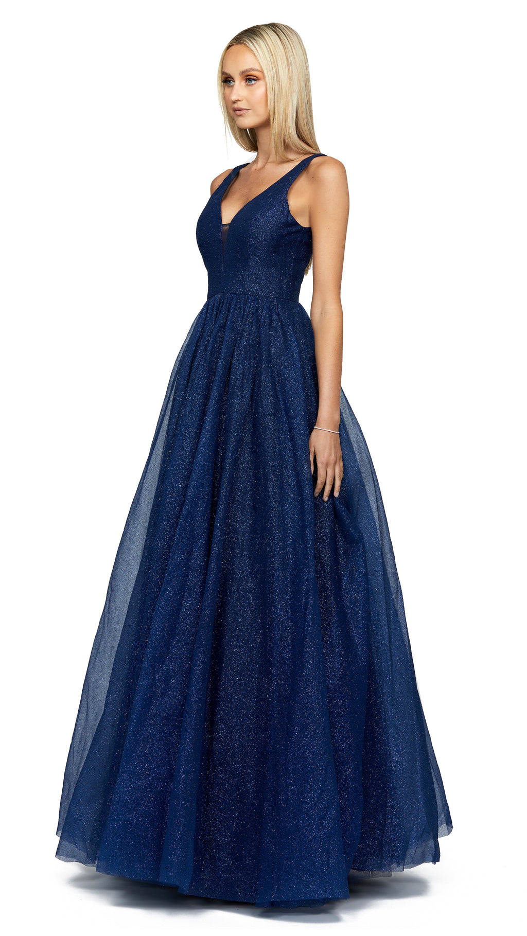 Jordan Plunge Neck Ball Gown in Navy SIDE