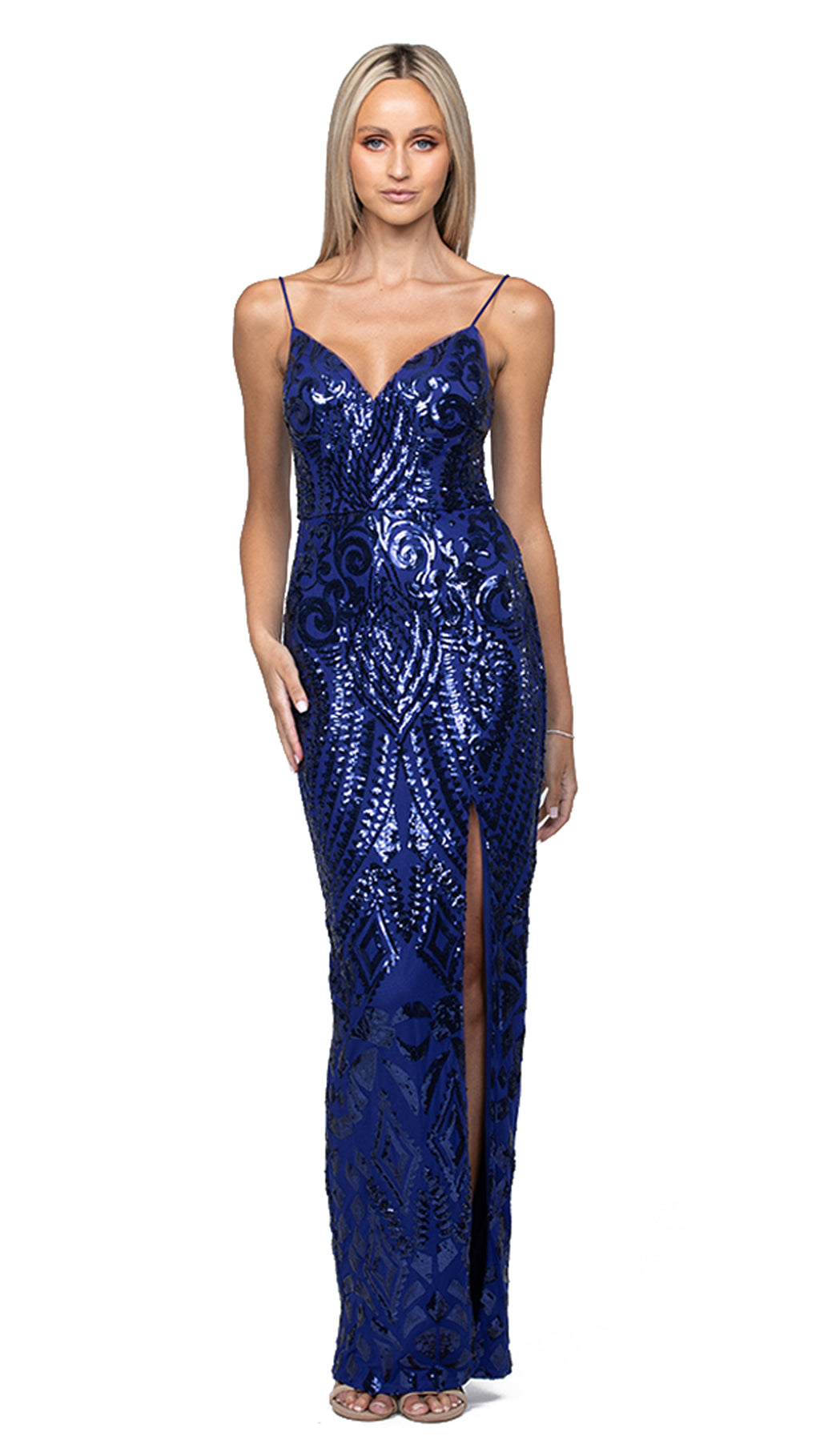 Rowie Plunge Neckline Gown in Indigo