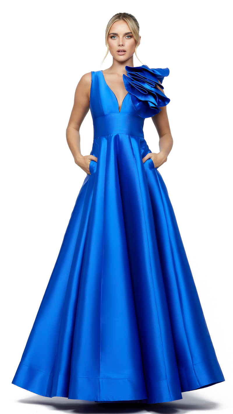 Cece Ruffle Shoulder Gown in Cobalt