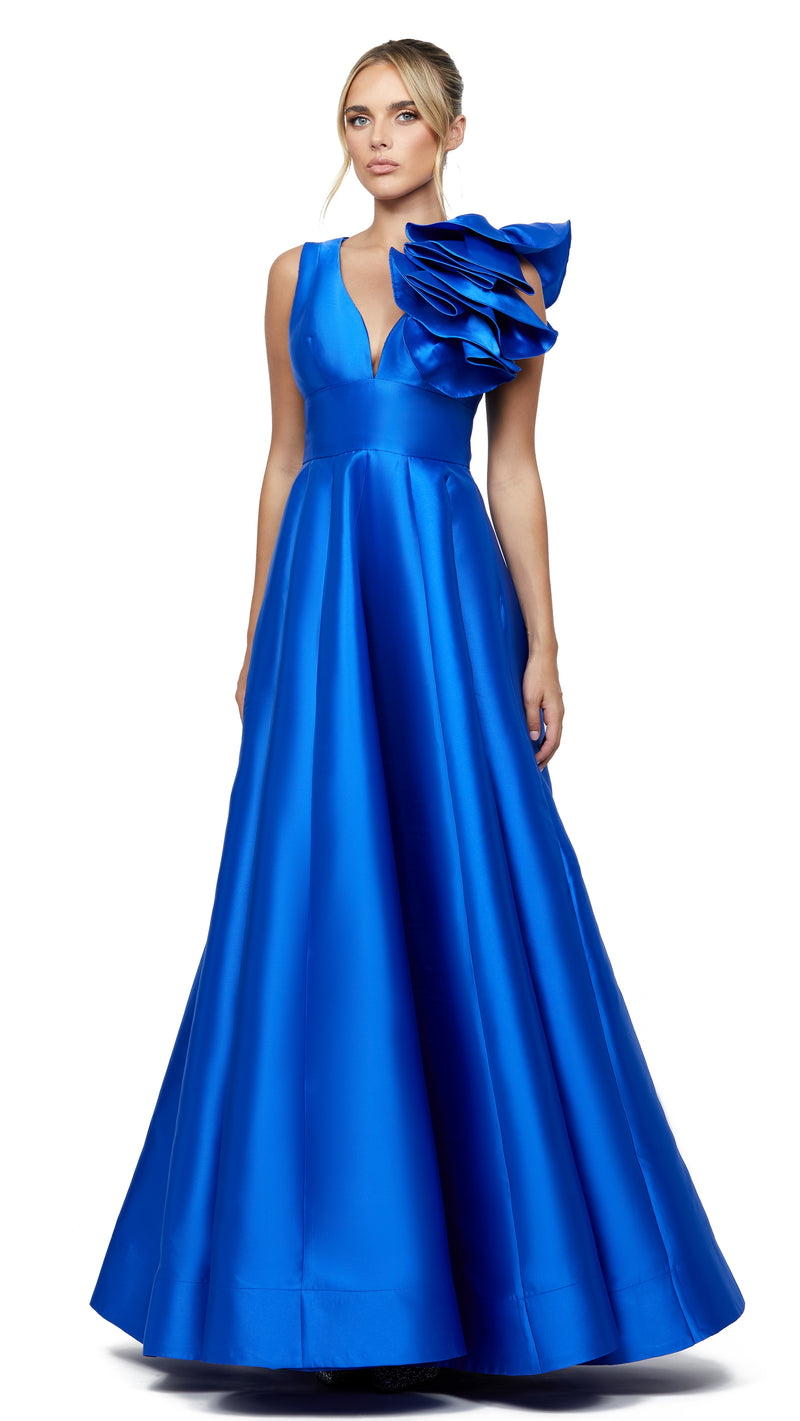 Cece Ruffle Shoulder Gown in Cobalt
