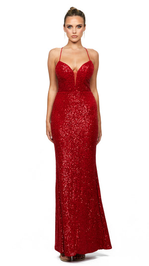 Kimberly Strappy Sequin Gown in Red