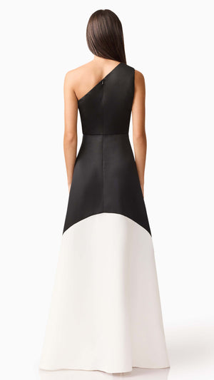 Sorrel One Shoulder Gown in Black White BACK