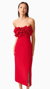 Lila Fitted Midi Dress in Red STRAPLESS