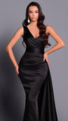 NBM2033 One Shoulder Satin Sash Gown in Black FRONT