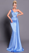 NBM2033 One Shoulder Satin Sash Gown in Cornflower Blue