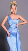 NBM2033 One Shoulder Satin Sash Gown in Cornflower Blue FRONT
