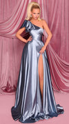 Nicoletta NC3015 One Shoulder Draped Glossy Gown in Cadet Blue