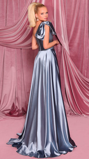 Nicoletta NC3015 One Shoulder Draped Glossy Gown in Cadet Blue BACK