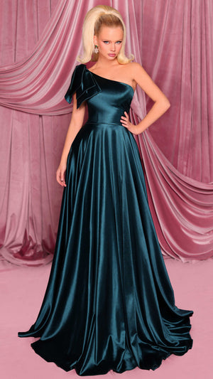 Nicoletta NC3015 One Shoulder Draped Glossy Gown in Deep Teal