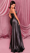 Nicoletta NC3060 Beaded Crossover Glossy Gown in Charcoal BACK