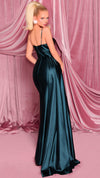 Nicoletta NC3060 Beaded Crossover Glossy Gown in Deep Teal BACK