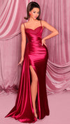 Nicoletta NC3060 Beaded Crossover Glossy Gown in Ruby