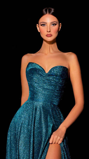 Nicoletta NP176 Strapless Glitter Gown in Custom Colour Teal FRONT