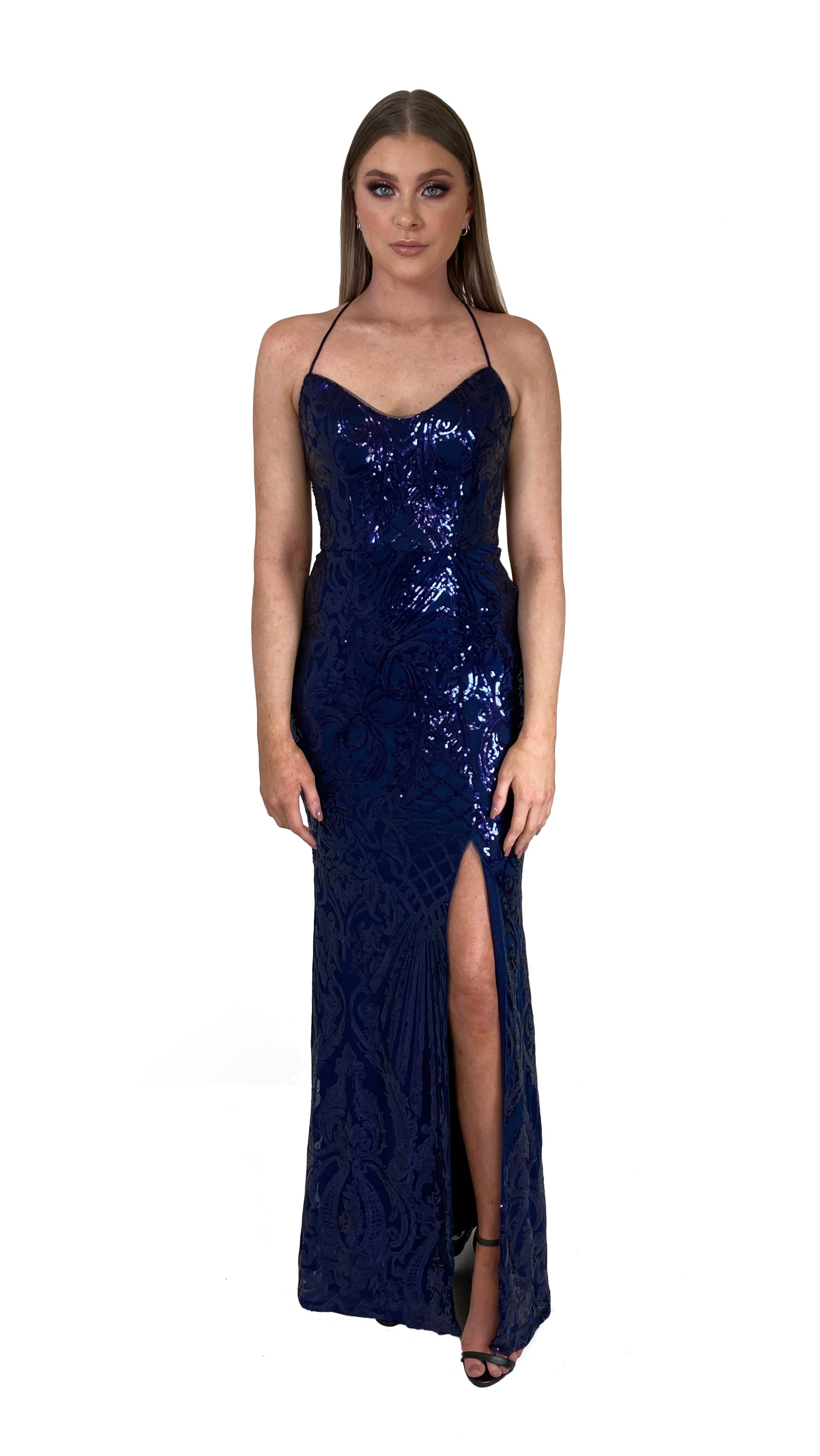 bariano blue sequin dress BARIANO Women's Zoya Long Sleeve Sequin Gown