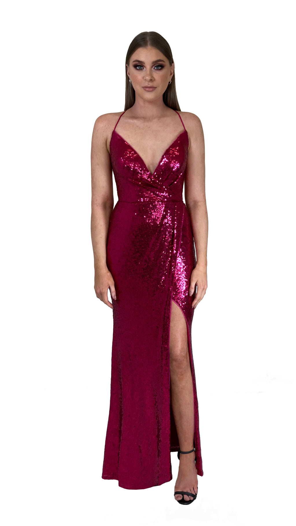 Bariano Alexandrite Wrap sequin gown with front split pink
