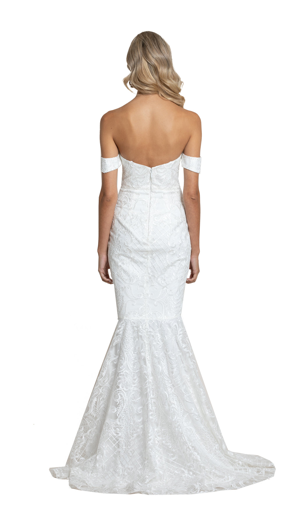 Kalina Off Shoulder Lace Gown in white back
