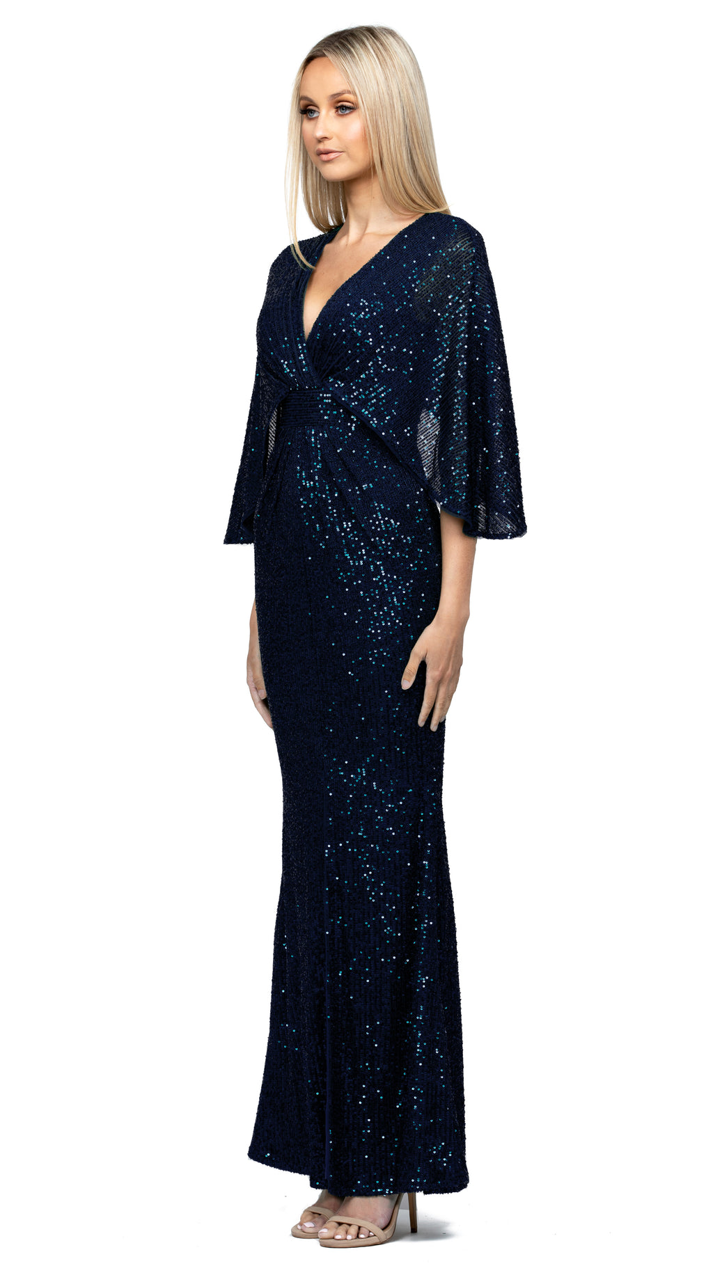 Oprah Cape Gown in Navy side